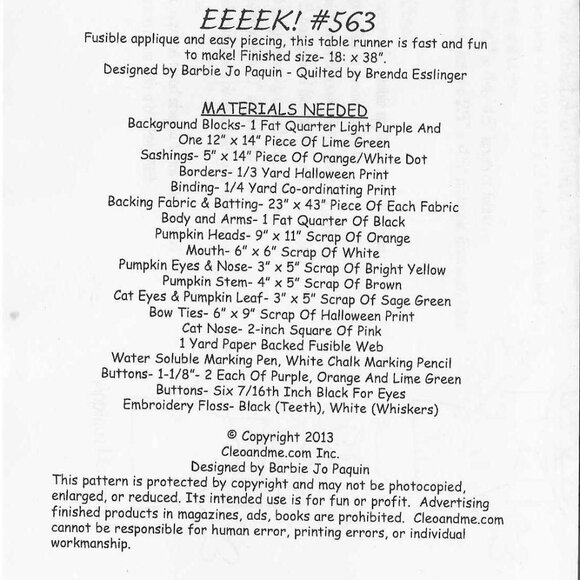 Cleo and Me Pattern #563 EEEEK! Halloween Motif Table Runner - Picture 2 of 3